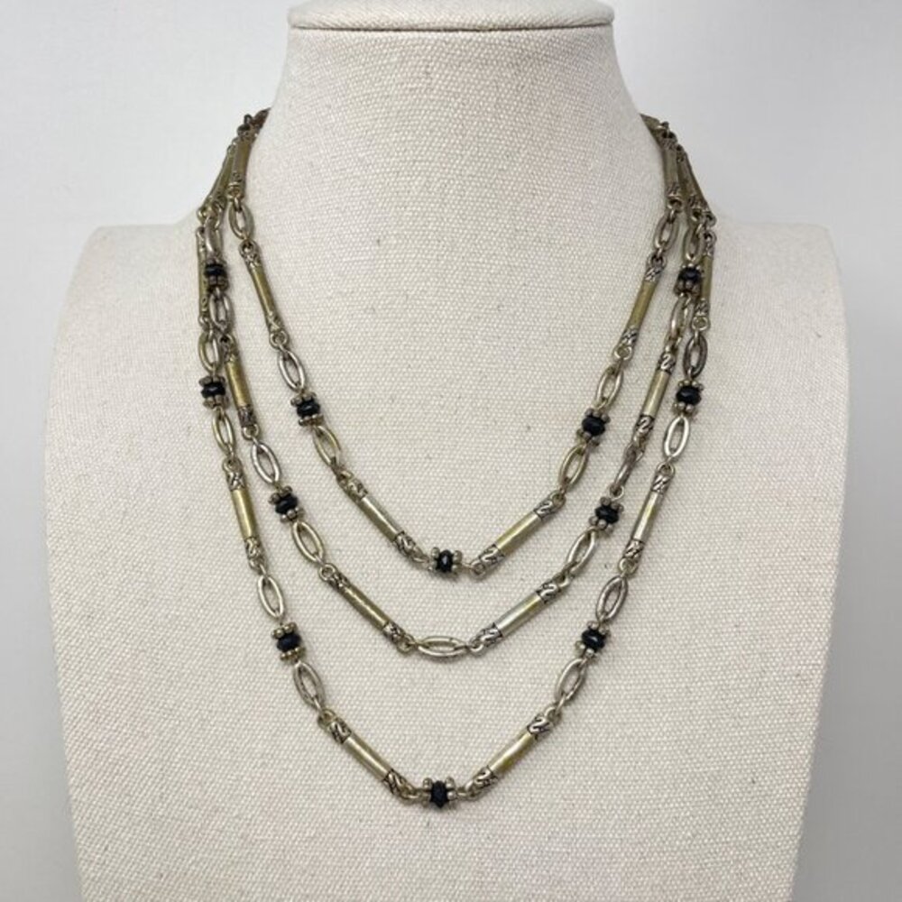 Avon Triple Strand Silver Tone Necklace with Black Bead Accents Vintage 90's